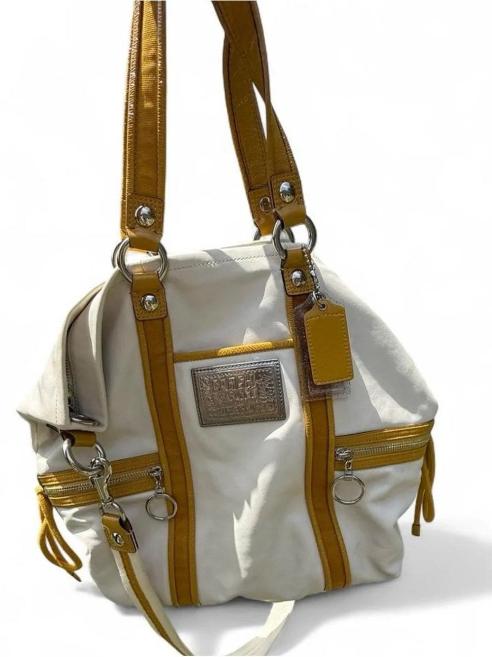 Coach Poppy White and Mustard Leather Shoulder Bag with Crossbody Strap